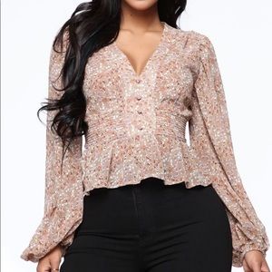 Fashion Nova Tan Floral Print Long Sleeve Faux Button-Up Peplum Blouse